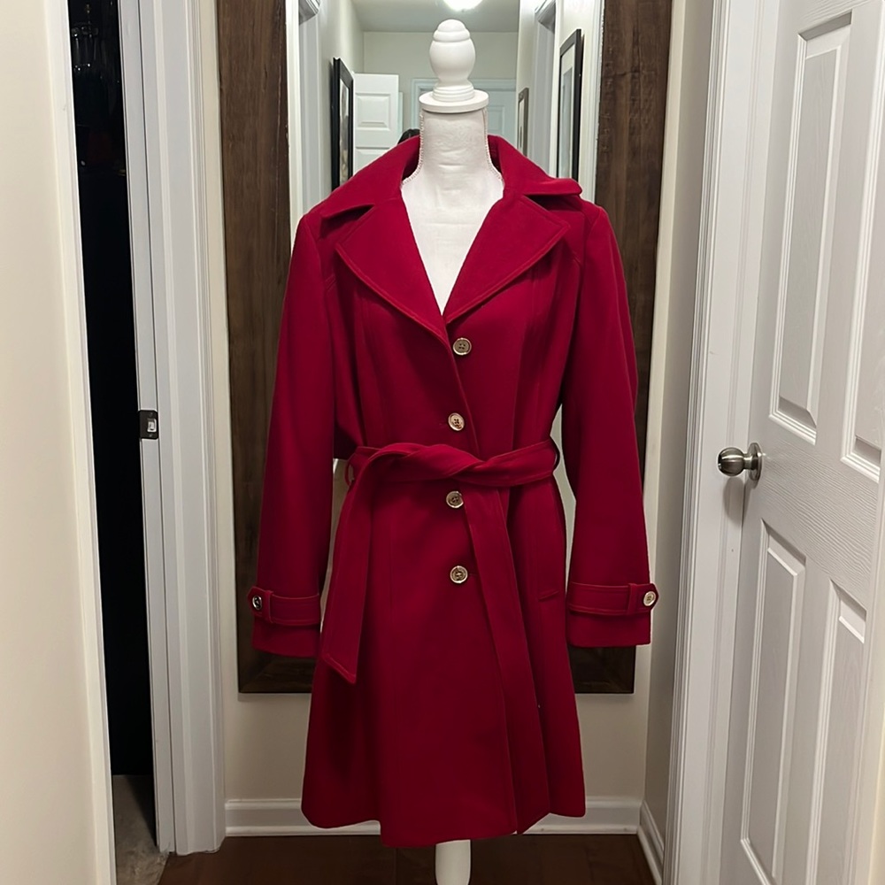 Michael Michael Kors Red XL Pea Coat with Buttons and Tie Waist